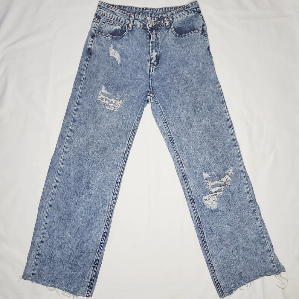 LNew-Trendy Ripped Cut-out Straight Leg Lite Wash Drop Waist Reg Jeans SHEIN Med